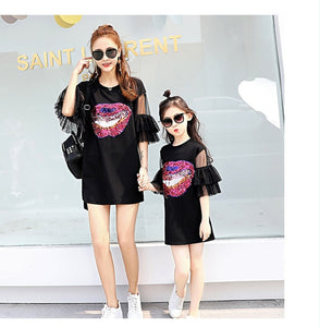 Mother Daughter Dresses Matching Mom and Daughter Clothes Sequins Ruffle Sleeve Family Matching Clothes Mommy and Me Dress 2018