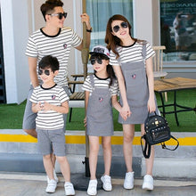 Load image into Gallery viewer, Family Matching Outfits Clothes Mum Mom and Daughter Dress Striped  2017 Fashion Father Baby 2pcs Set Denim Overalls Jeans Dress
